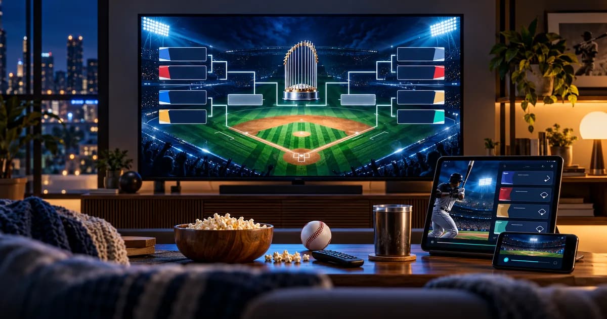 Home TV setup showing an abstract 2026 MLB playoffs streaming bracket and baseball schedule