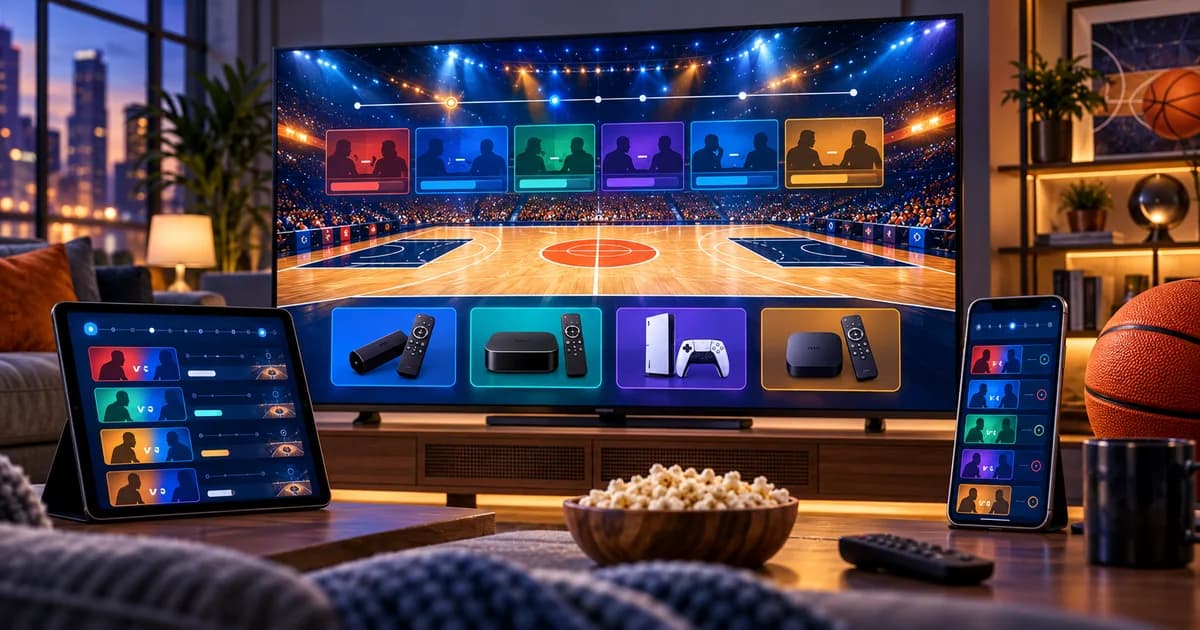 Home TV setup showing an abstract 2026-27 NBA streaming schedule and basketball court